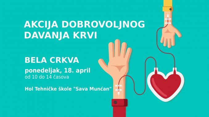 Druga redovna akcija dobrovoljnog davanja krvi 18. aprila u Beloj Crkvi